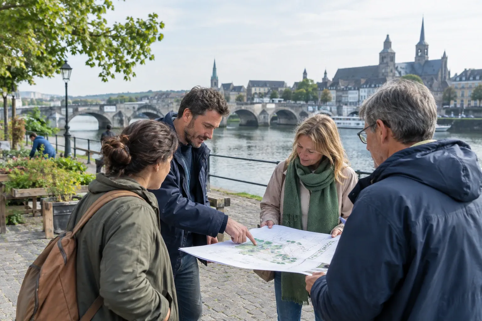 Vier buurtbewoners bespreken een plattegrond aan de kade bij een rivier en brug