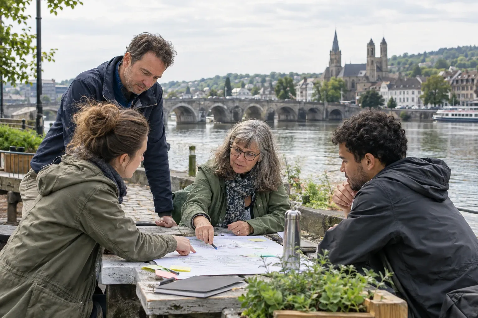 Vier volwassenen bespreken plannen aan een picknicktafel bij de rivier, papieren en mapjes zichtbaar