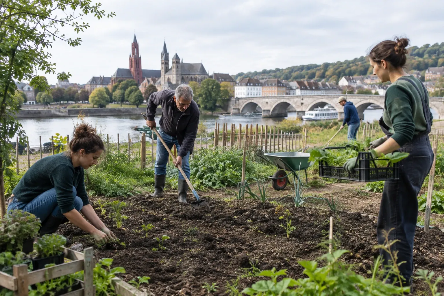 Vrijwilligers spitten en planten jonge groenteplanten in buurtmoestuin langs rivier en brug