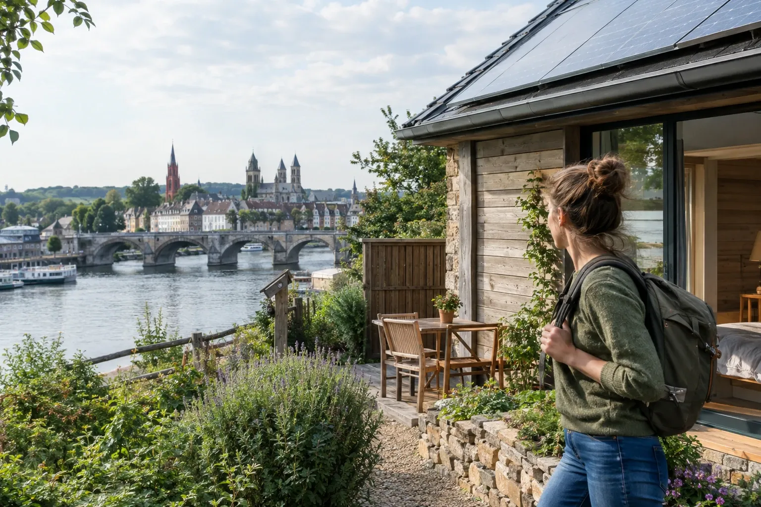 Vrouw met rugzak kijkt vanaf terras van houten vakantiewoning met zonnepanelen naar rivierstad