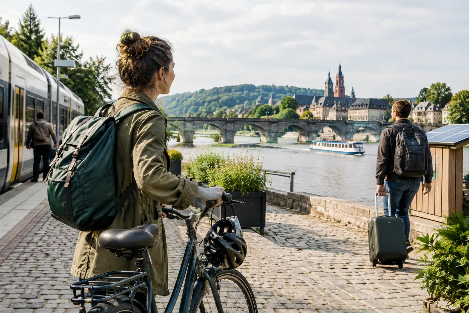 Vrouw met fiets en rugzak bij station, man met koffer loopt langs rivier naar brug