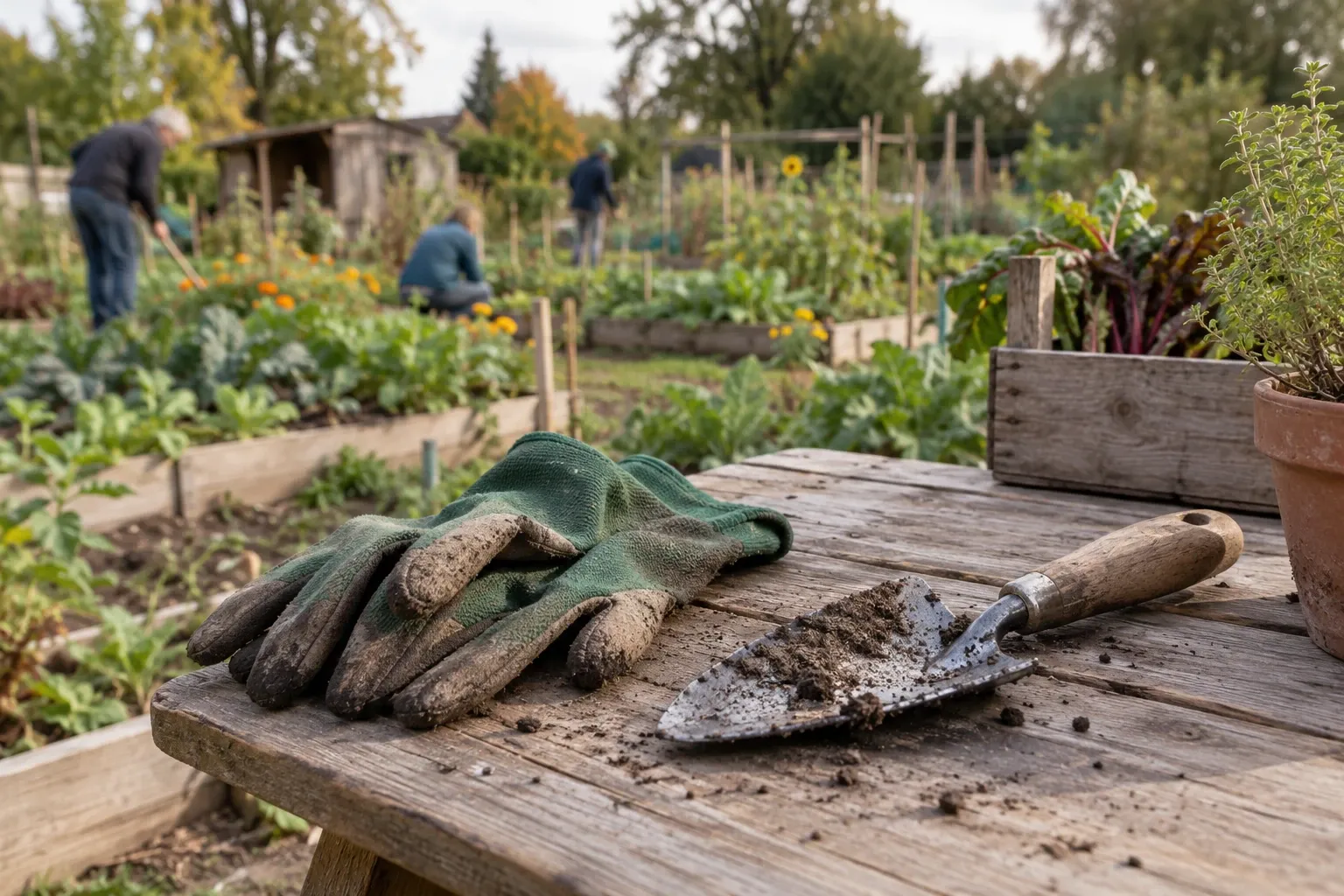 Versleten tuinhandschoenen en spade met aarde op houten tafel in volkstuin, vrijwilligers bezig
