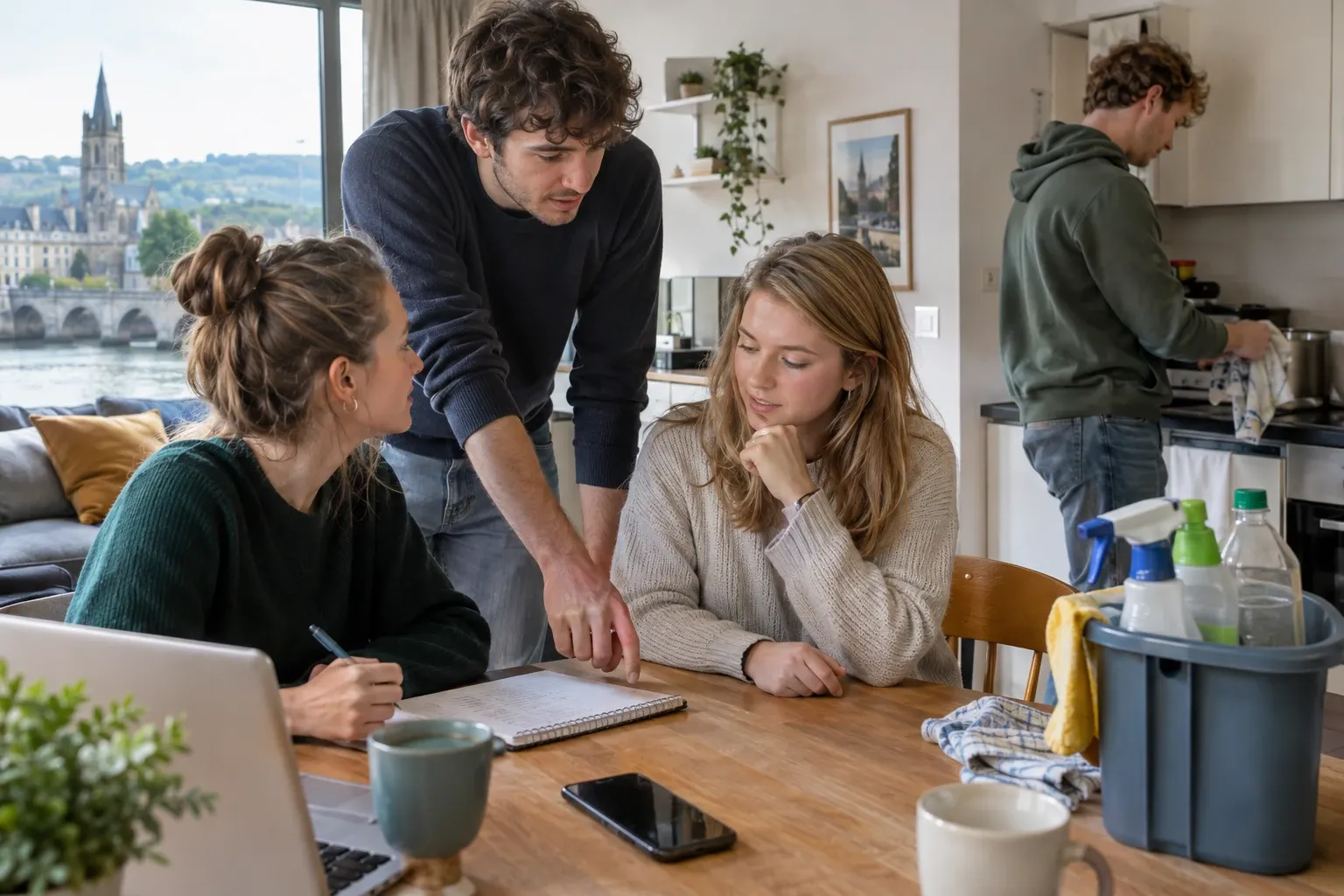 Drie huisgenoten bespreken schoonmaakschema aan tafel, keukenbenodigdheden op tafel zichtbaar