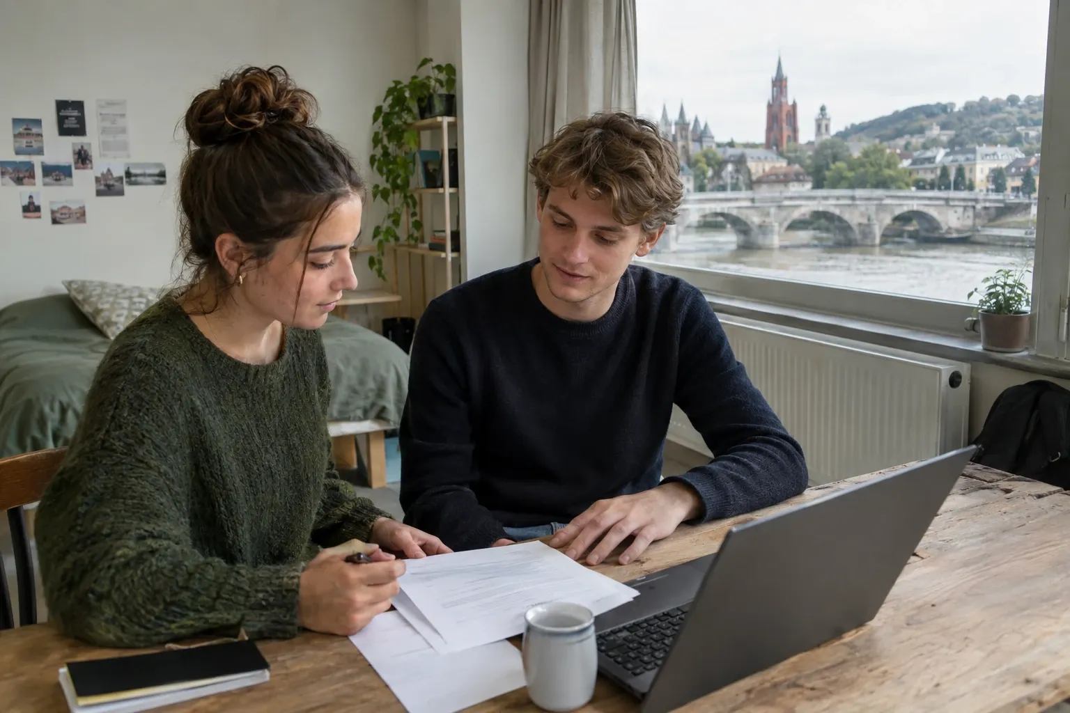 Twee jonge mensen tekenen samen huurcontract aan tafel met laptop en uitzicht over rivier