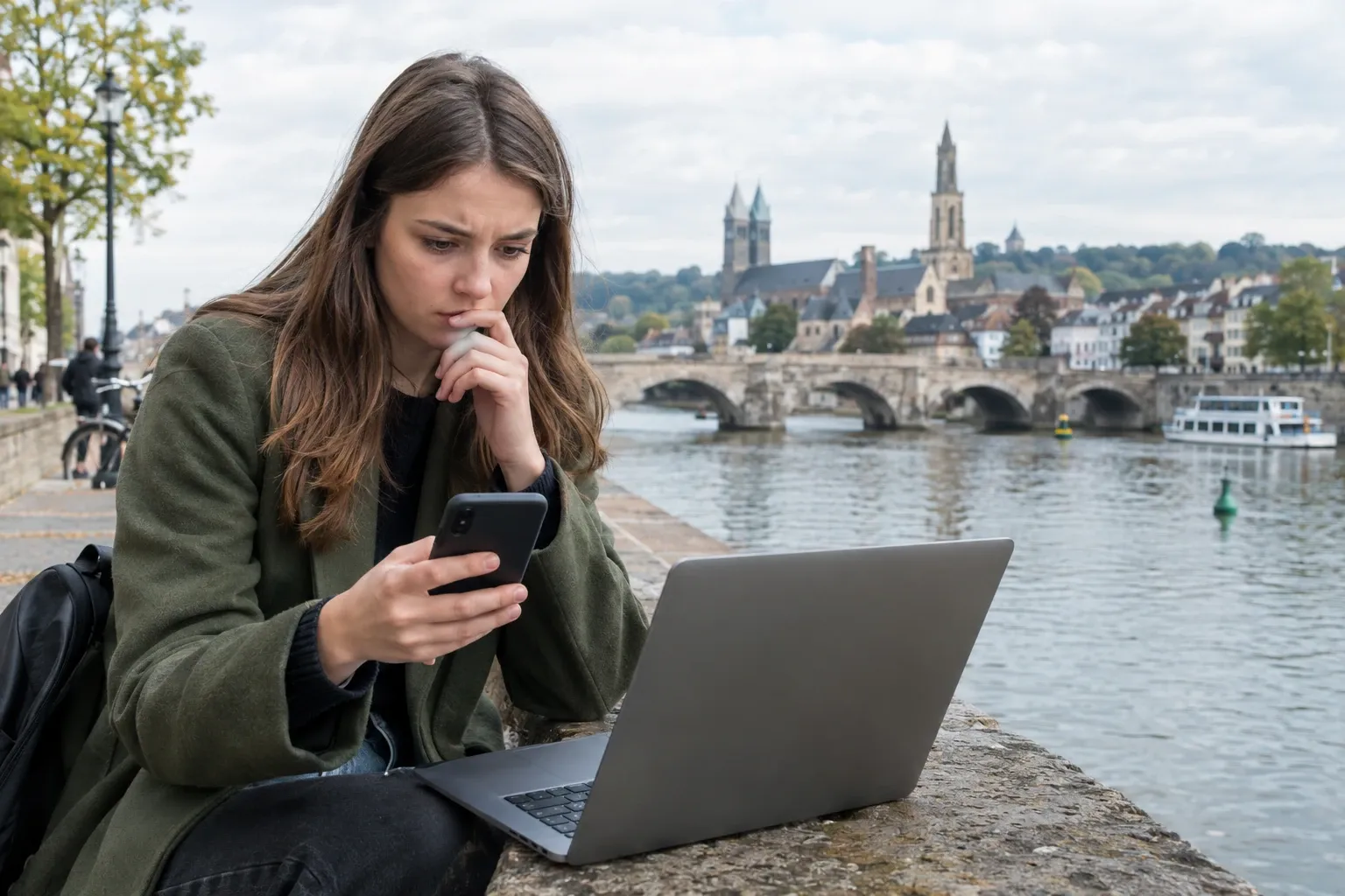 Bezorgde jonge vrouw met laptop en telefoon zittend aan rivierkade, stad en brug op achtergrond