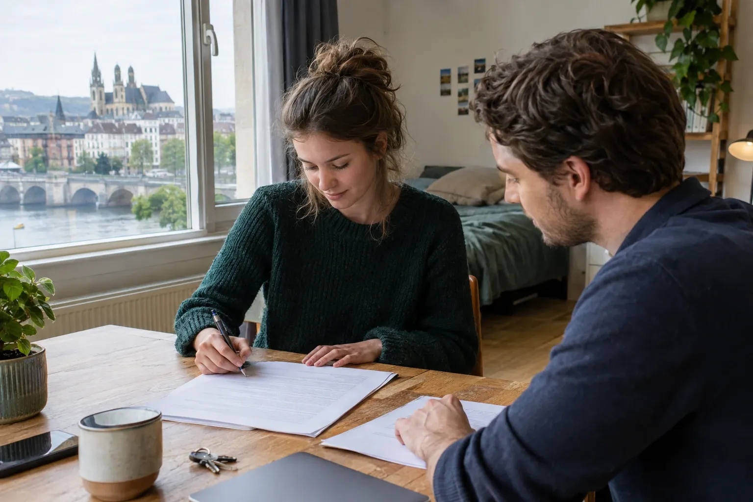 Vrouw tekent huurovereenkomst aan tafel terwijl man naast haar meekijkt in kamer
