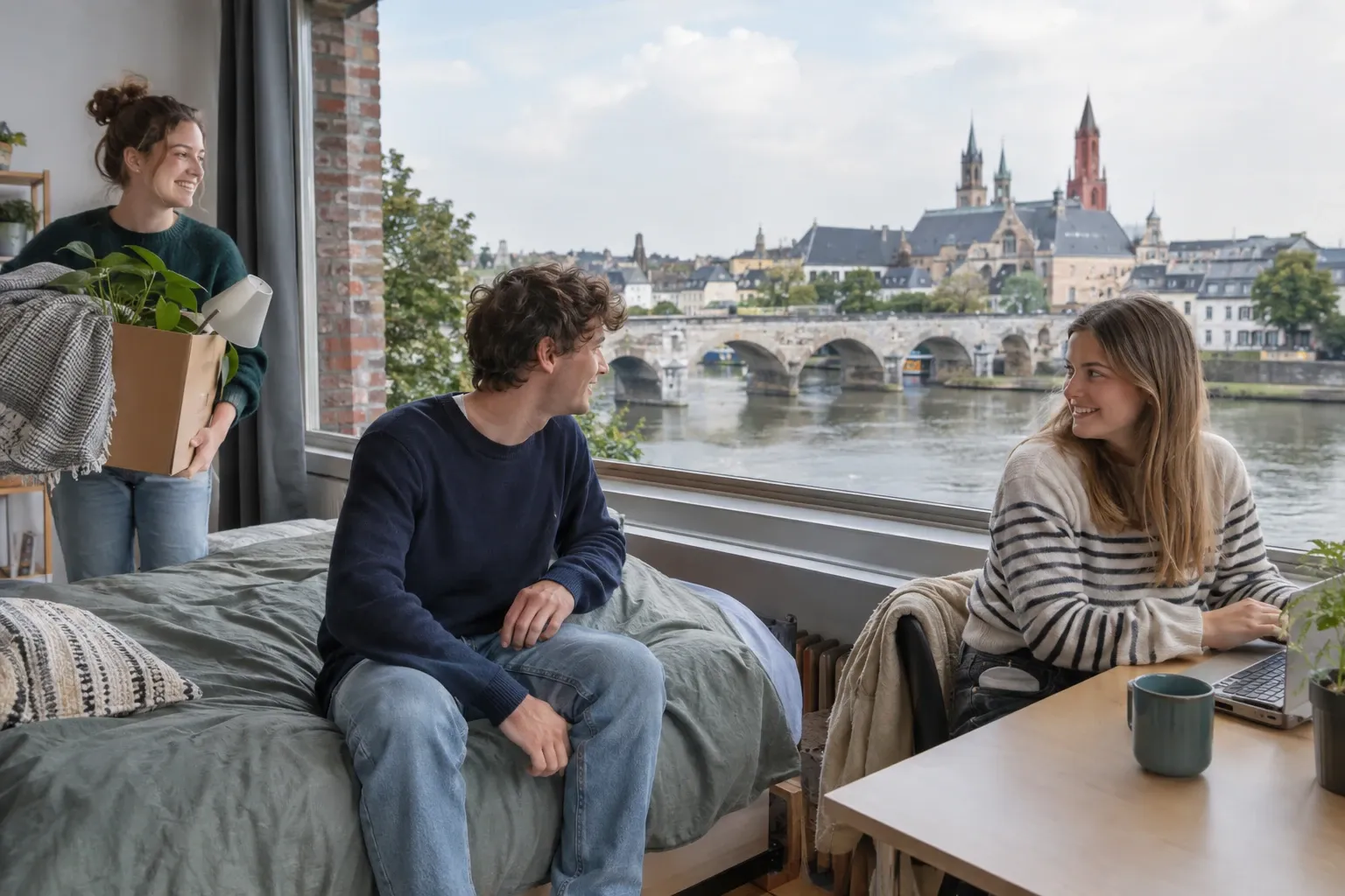 Drie huisgenoten in lichte kamer aan Maas met grote raampartij en zicht op Sint-Servaasbrug