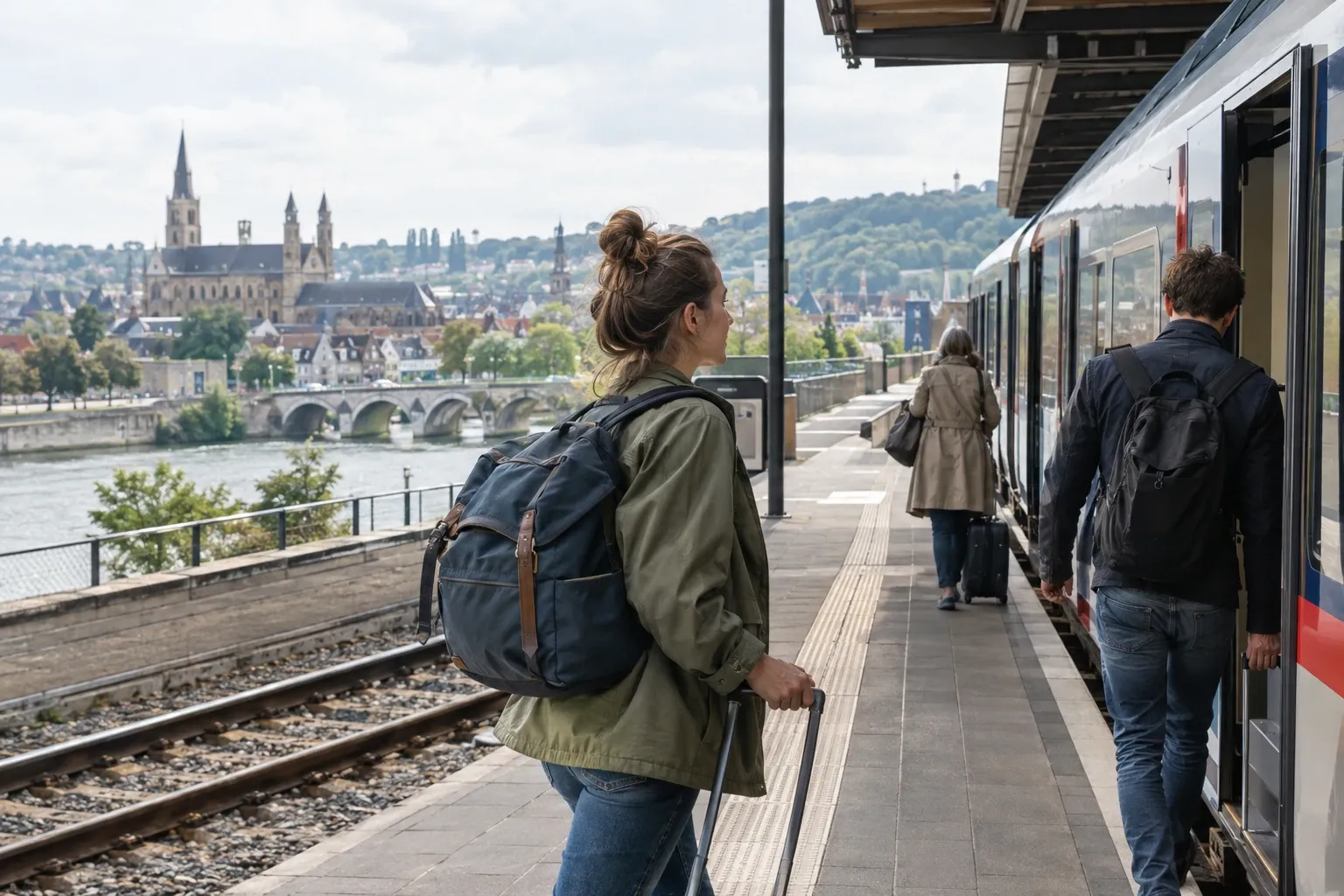 Reiziger met rugzak en koffer stapt op trein op perron langs rivier en stadsgezicht