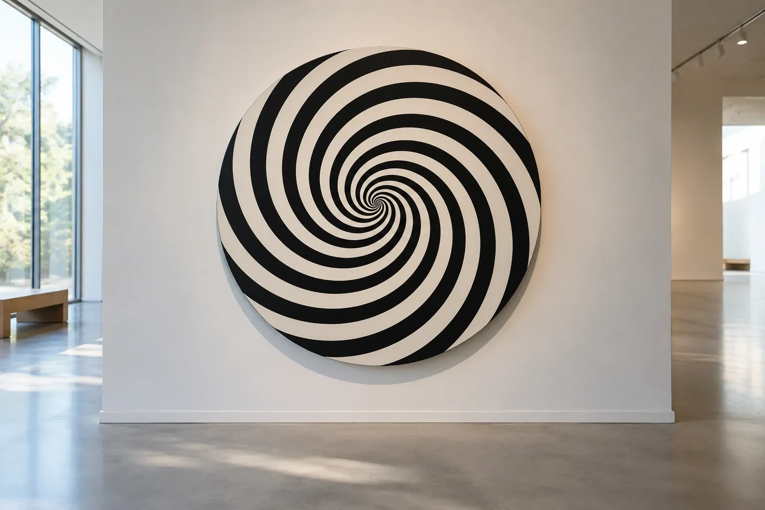 Rond kunstwerk met zwart-witte spiralen aan witte muur in lichte museumruimte