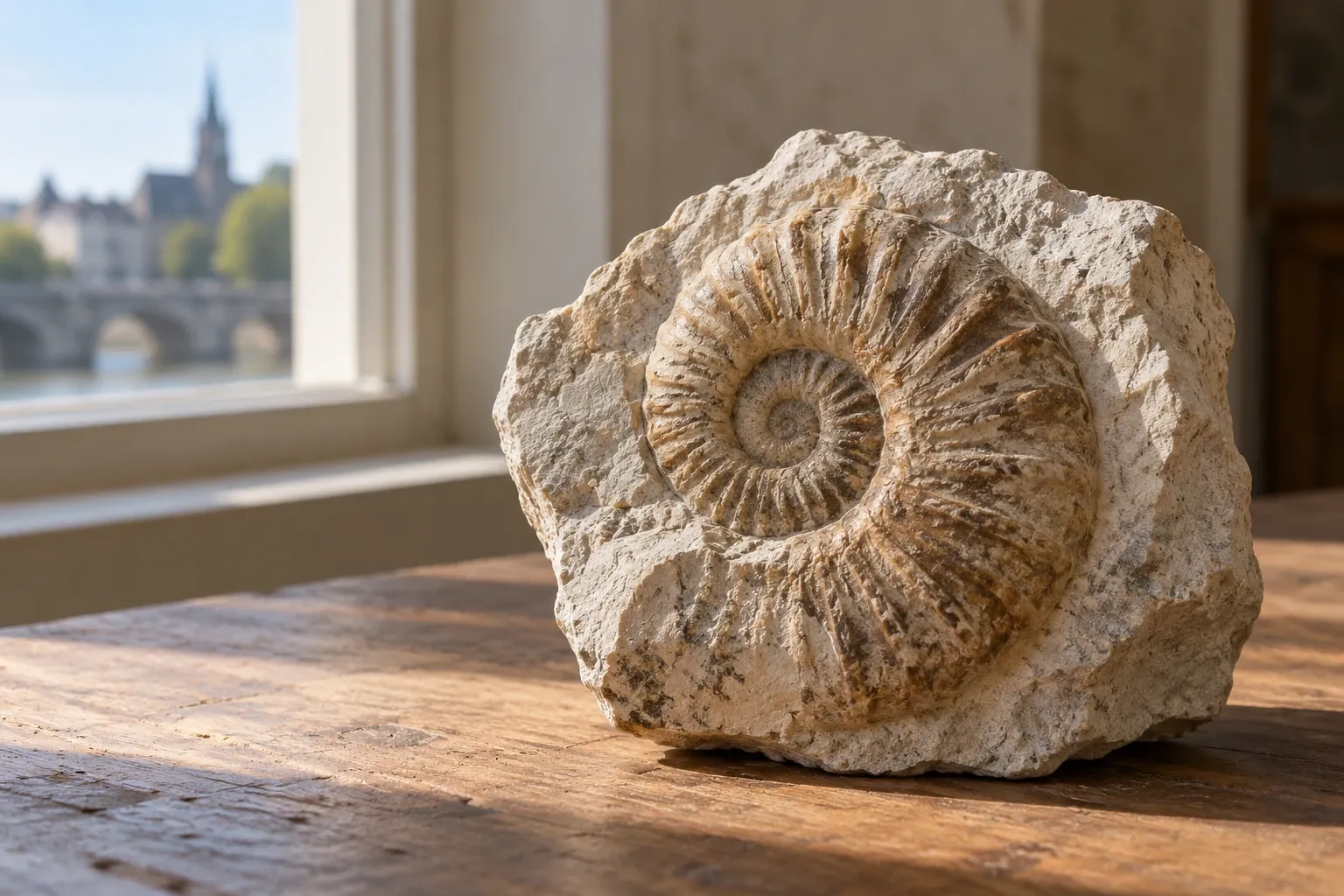 Ammoniet fossiel in kalksteen op houten tafel bij raam met stadszicht