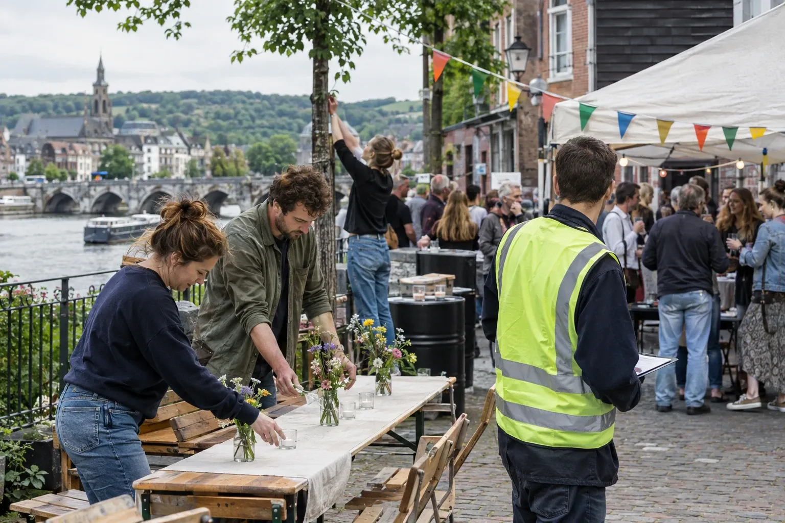 Mensen zetten tafels en bloemen klaar bij straatfeest langs rivier, organisator in hesje