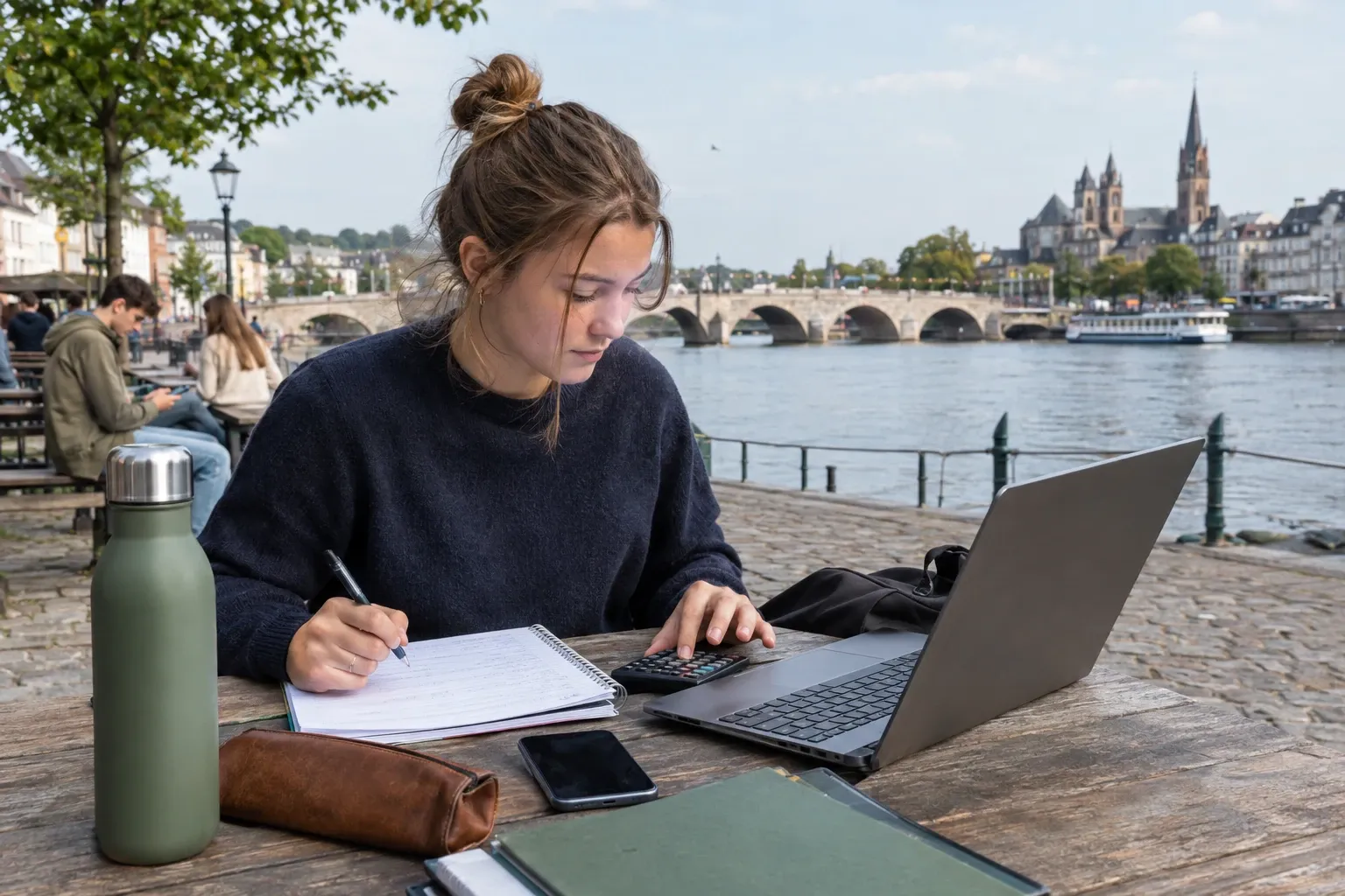 Student aan rivier, rekenmachine en laptop gebruikt voor begroting, notities en telefoon zichtbaar
