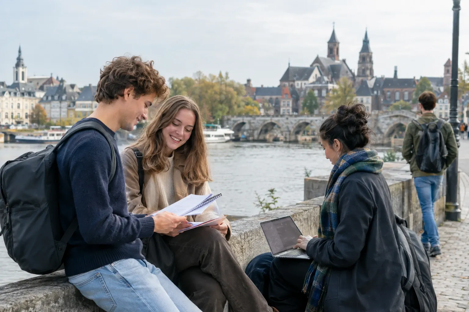 Drie studenten met rugzakken studeren buiten bij rivier, papieren en laptop zichtbaar
