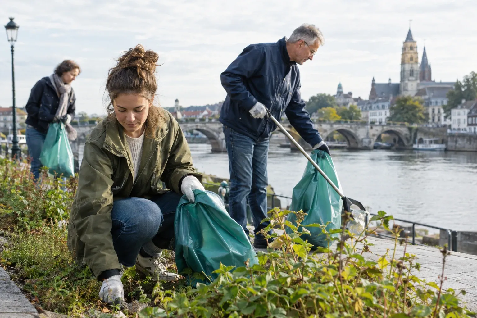 Vrijwilligers met grijpers vullen vuilniszakken langs rivierpromenade bij zonnig weer