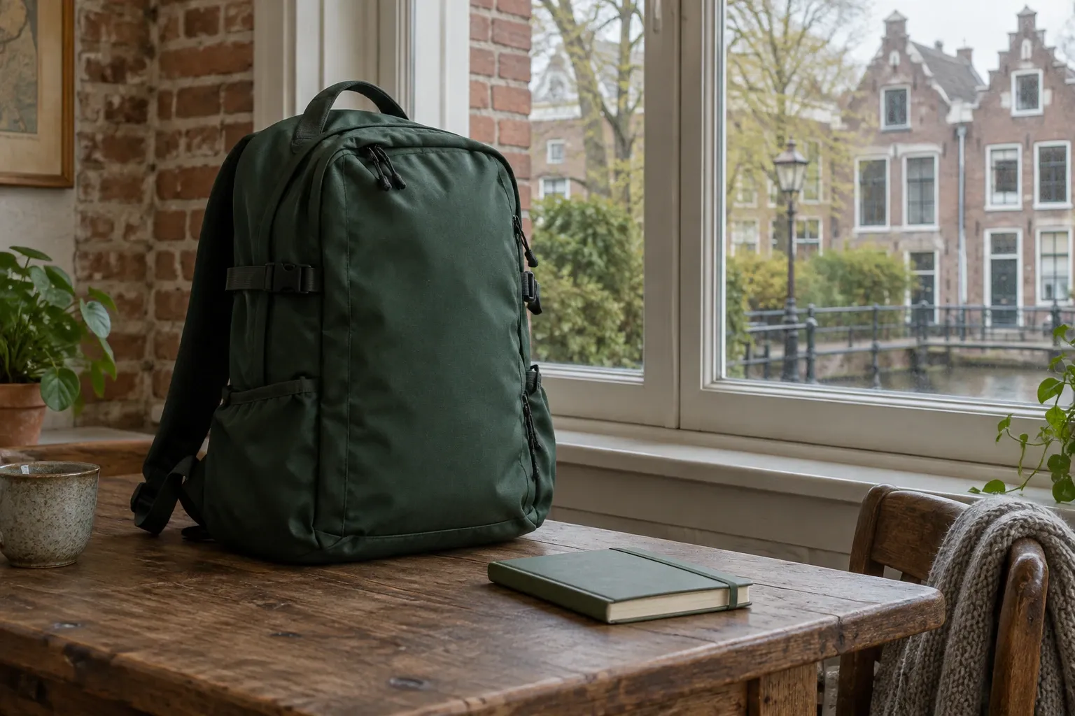 Donkergroene rugzak en notitieboek op houten tafel bij raam met grachtzicht