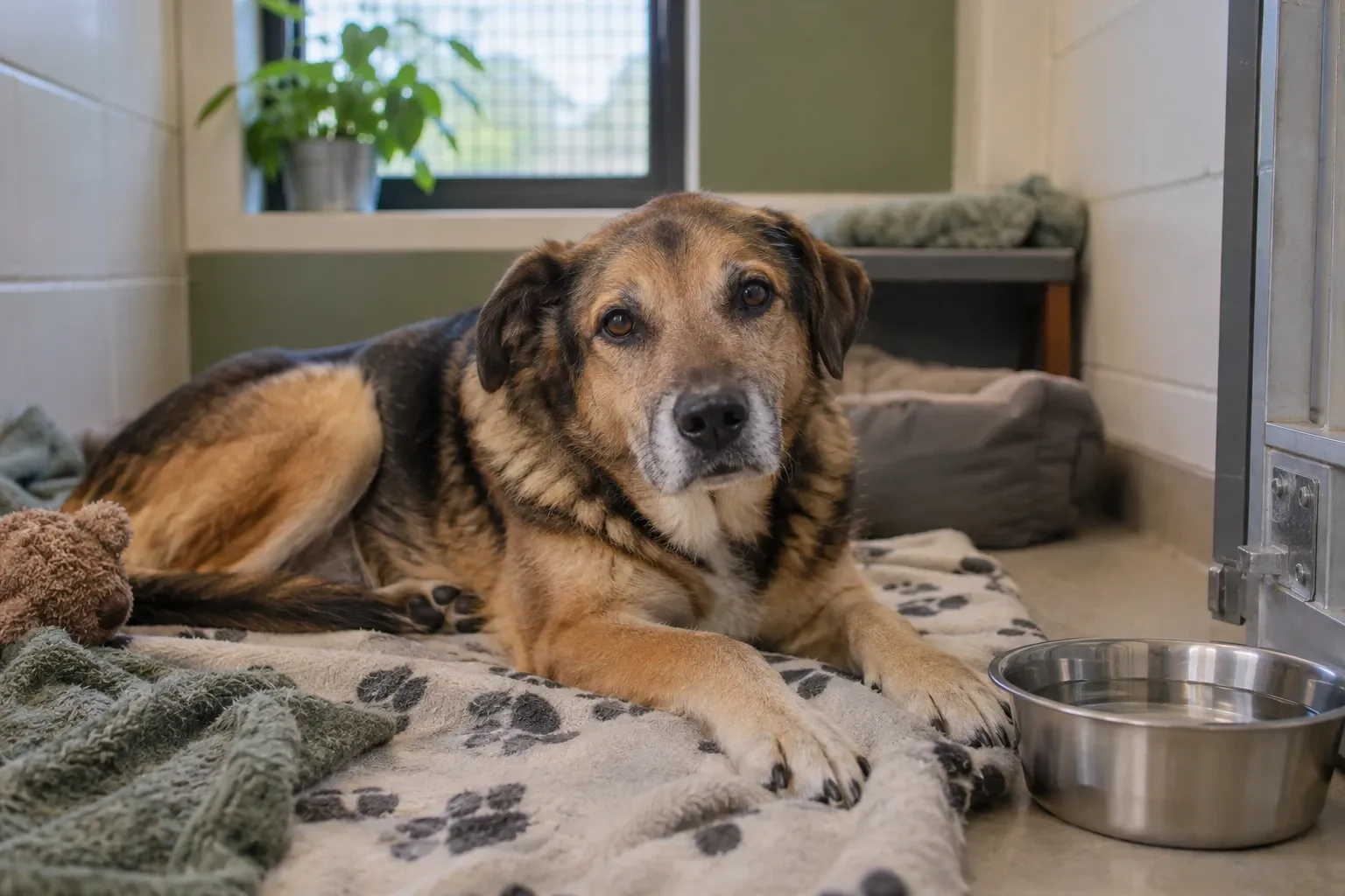 Grote gemengde hond liggend op deken in kennel naast metalen waterbak