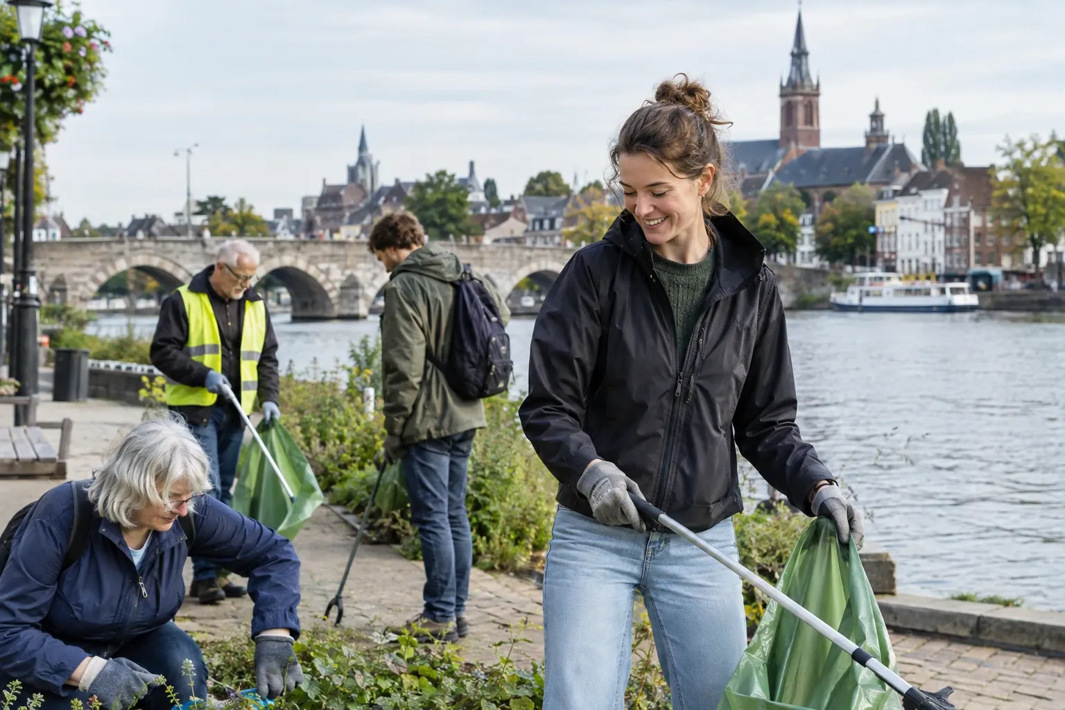 Vrijwilligers planten en ruimen groen op waalkade in Maastricht, zonnig weer