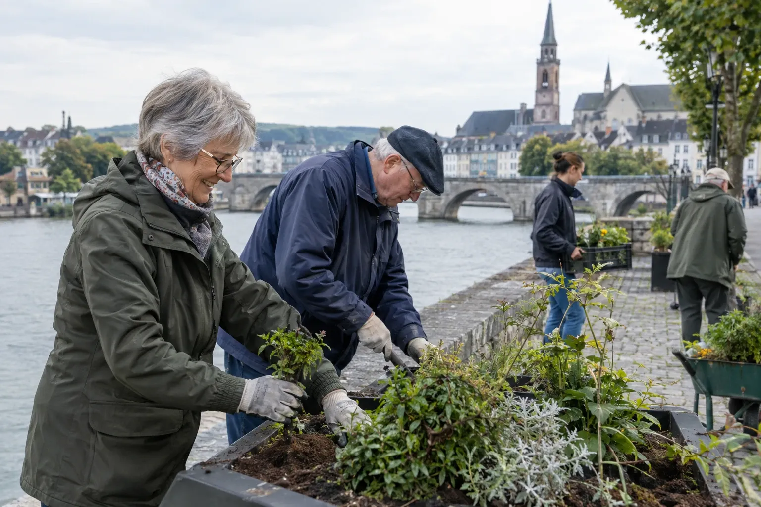 Twee oudere vrijwilligers planten bloemen in bakken langs rivierpromenade met kerk op achtergrond