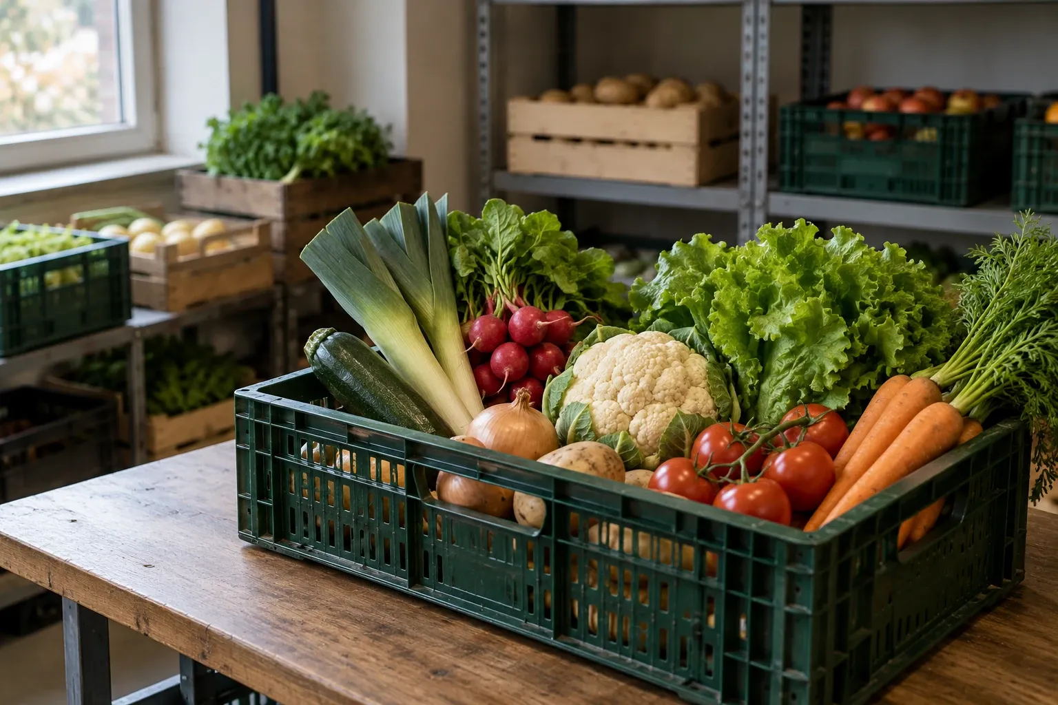 Groene krat met verse groenten: bloemkool, tomaten, wortels, prei, sla, radijs