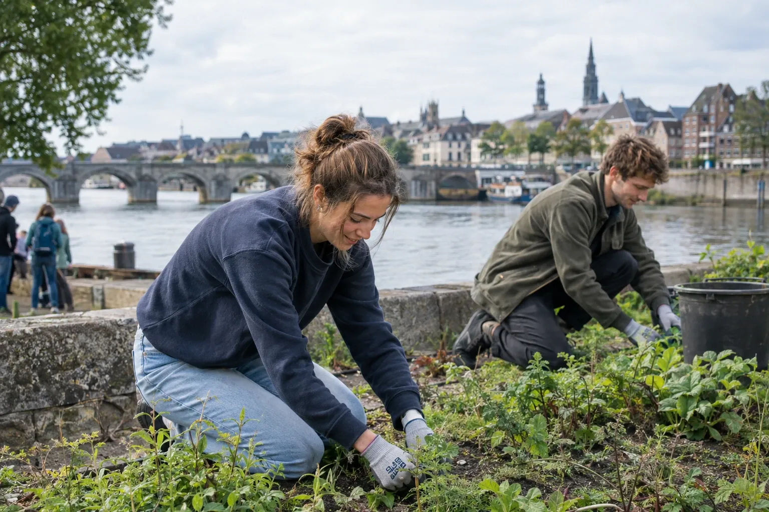 Twee vrijwilligers knielen en wieden planten bij een rivierwal met stad op achtergrond