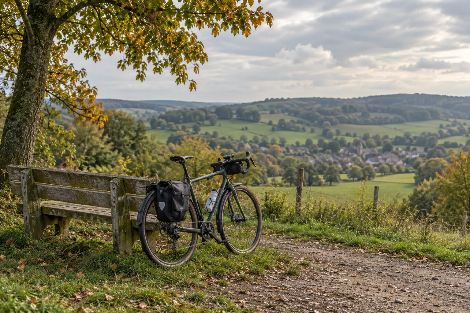 Racefiets met zadeltas bij bankje uitzicht op glooiend Zuid-Limburgs landschap in herfstlicht