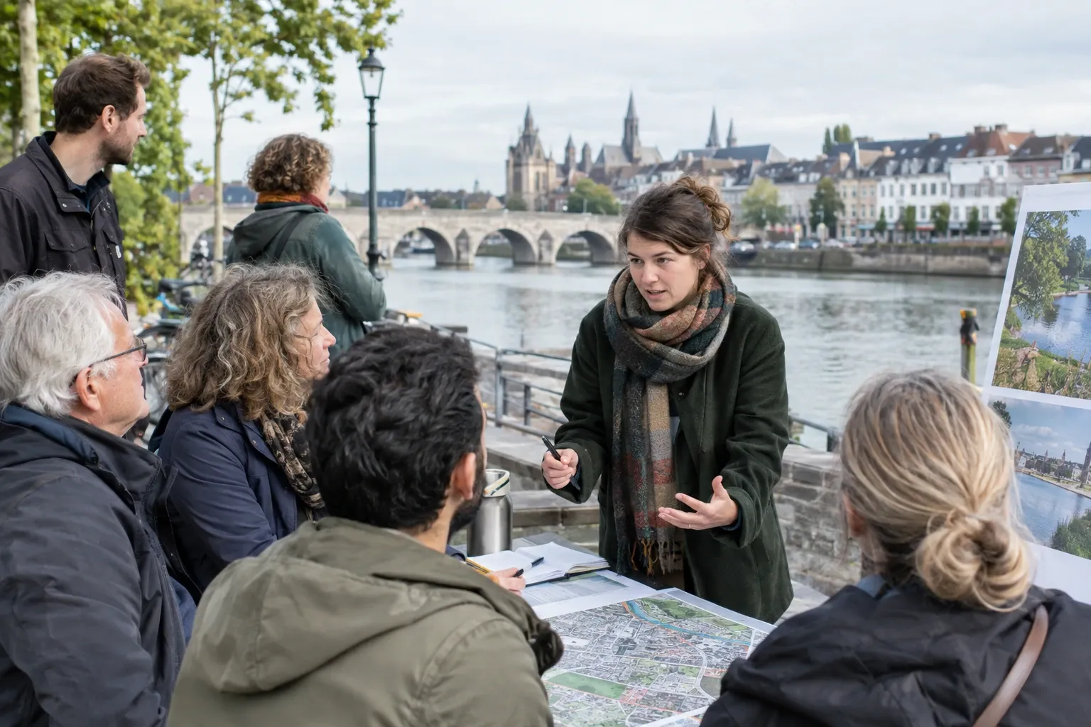 Vrouw praat met buurtbewoners bij rivier, kaarten en plannen op tafel zichtbaar